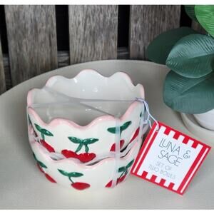 Luna & Sage Set of 2 Cherry Theme Bowls With Pink Scallop Rim NEW Kitchy Retro